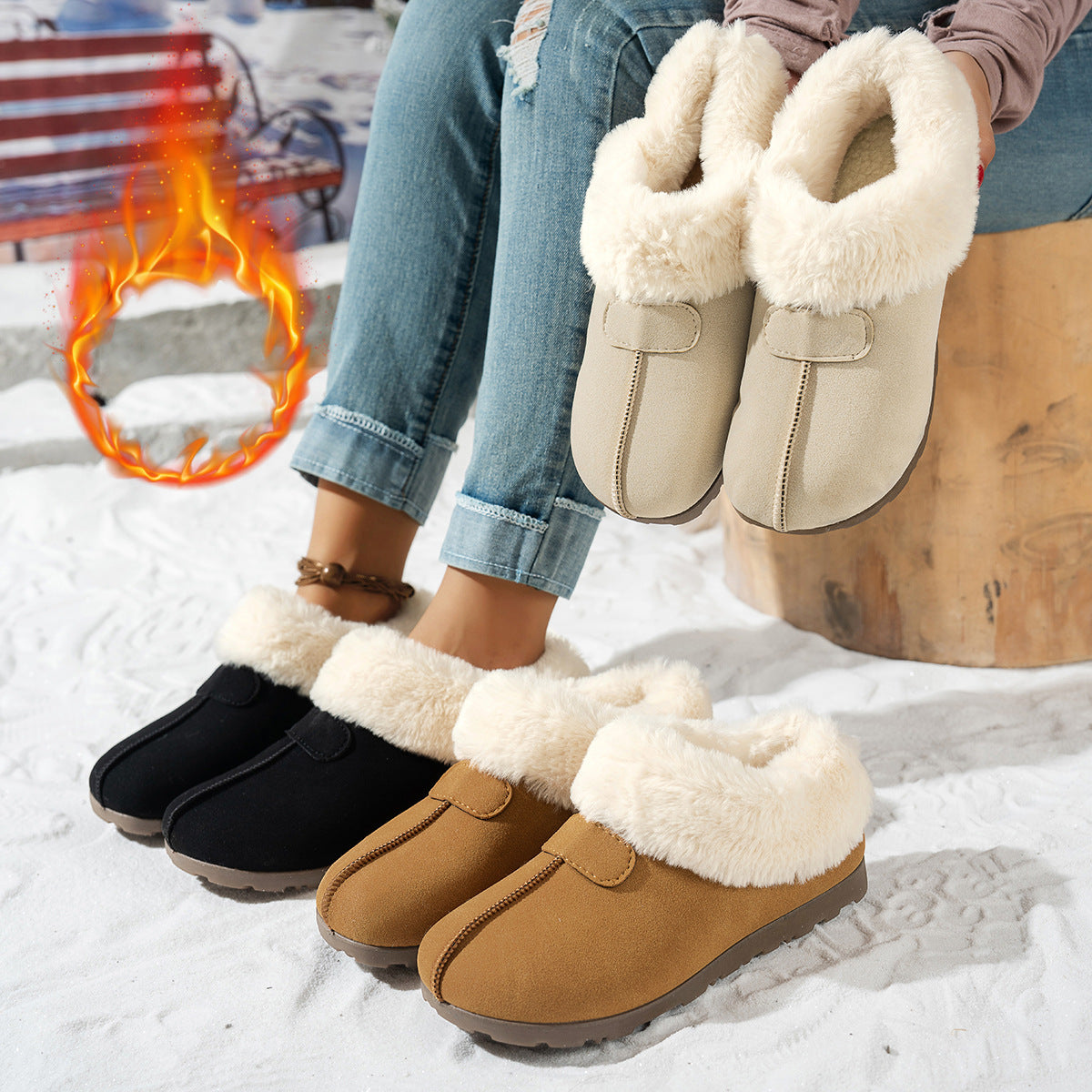 Women's snow boots in khaki and black with faux-fur trim and hook strap detail