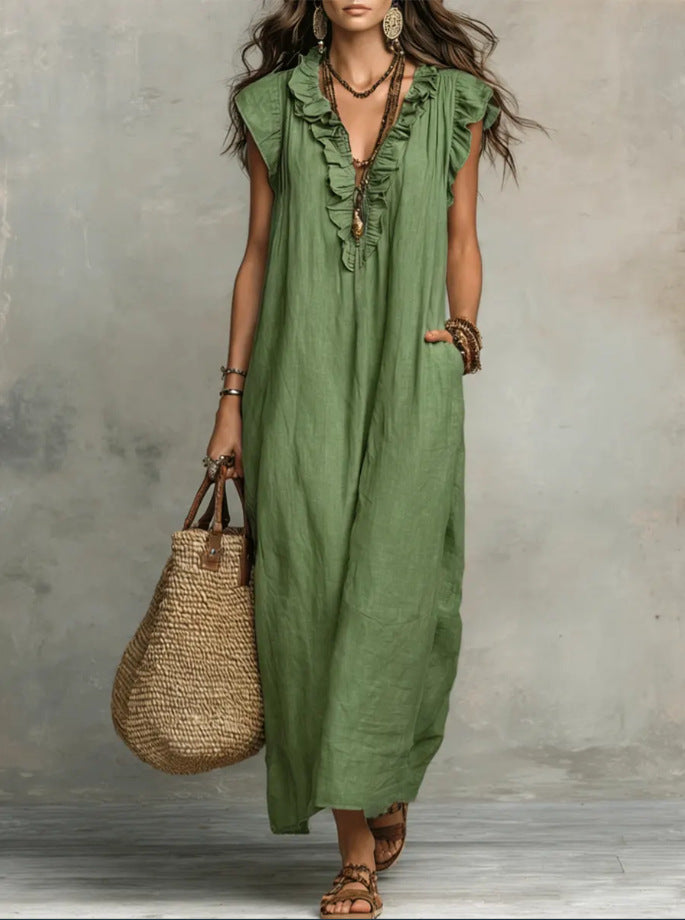 Light green sleeveless maxi dress with ruffle neckline and keyhole button front