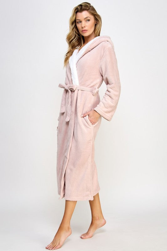 Pink hooded robe with belted waist and long sleeves, plush white neckline trim