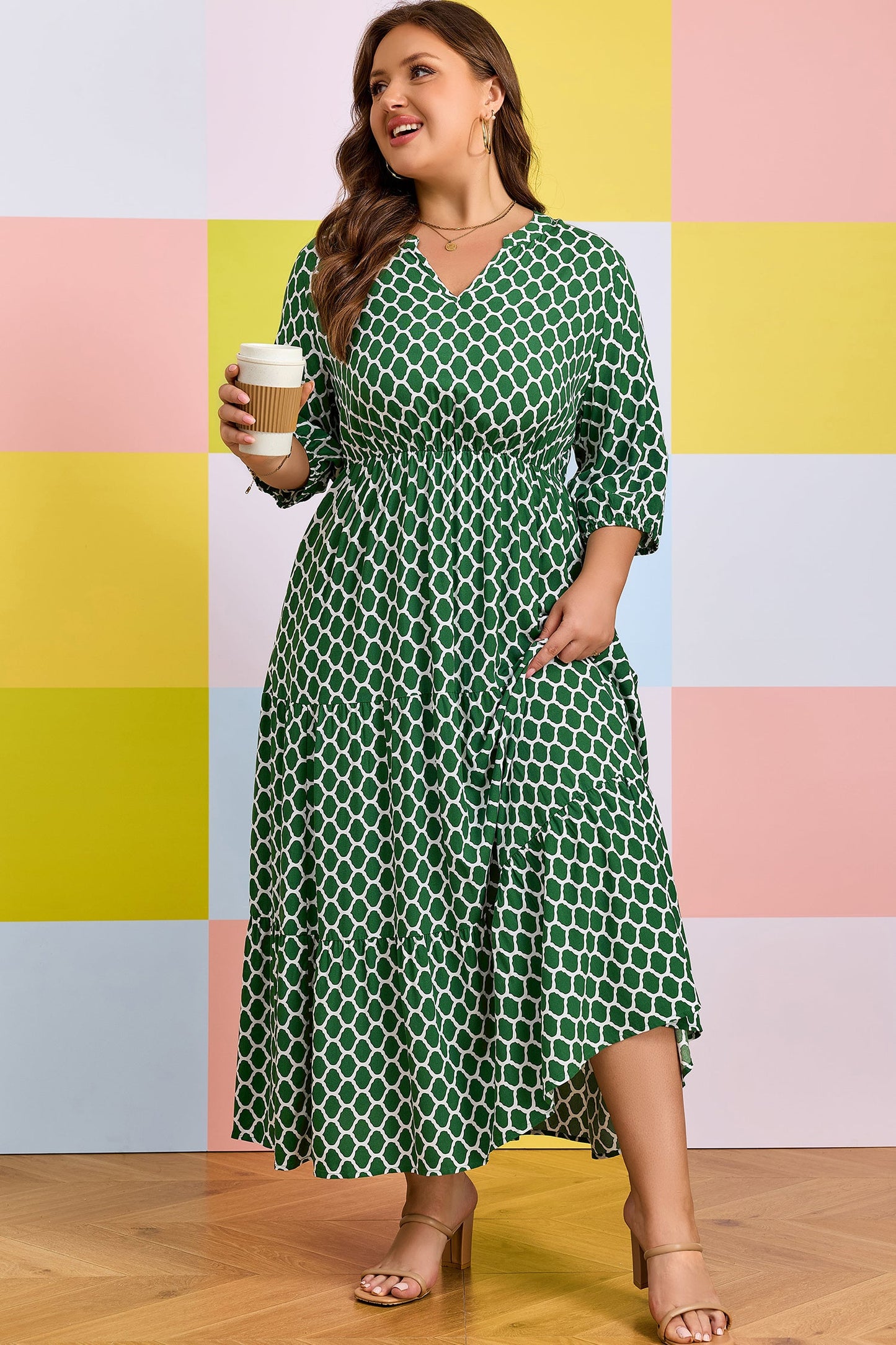 Green patterned PLUS casual dress with ruffle hem and three-quarter sleeves