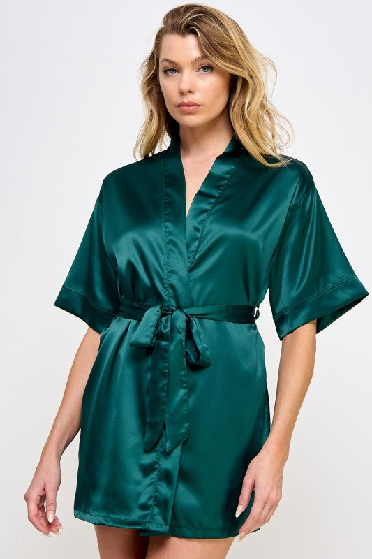 1947 Getting Ready robe, forest green satin V-neck with tie belt, short sleeves