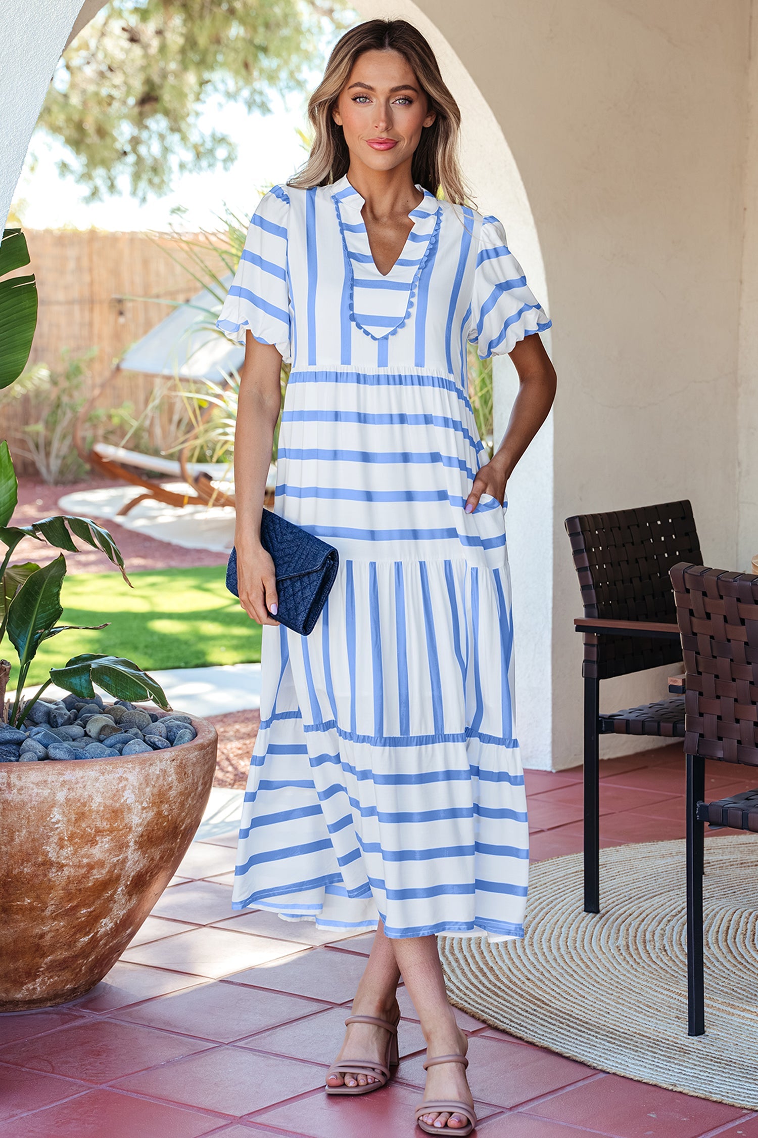 Sky blue striped half-sleeve midi dress with V-neck and tiered skirt layers