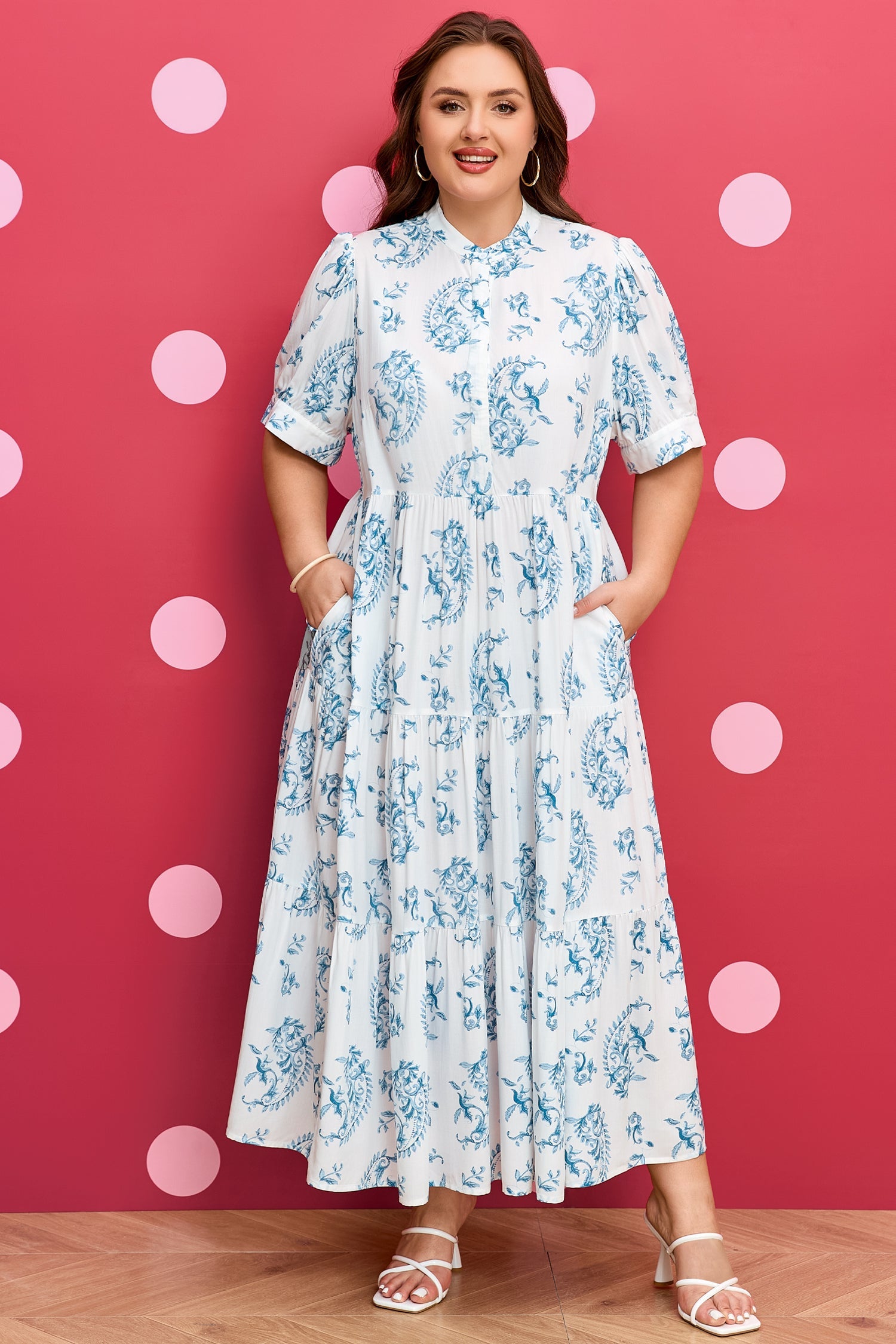 Sky-blue floral short-sleeve maxi dress with high neck and gathered tiered skirt