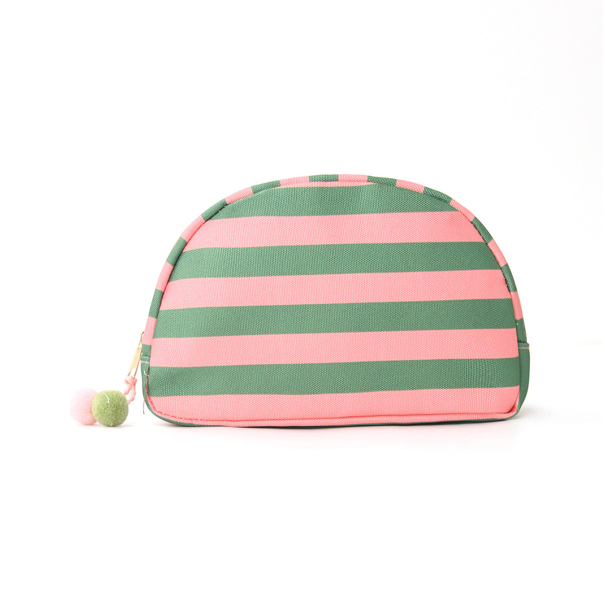 Striped shell makeup bag in green and pink horizontal stripes with side zipper pull.