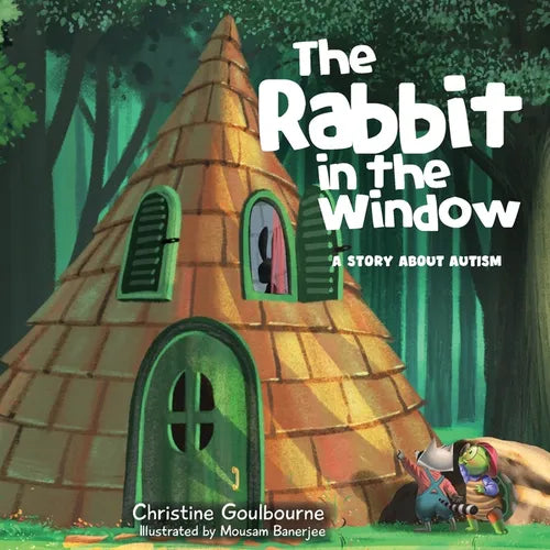 Paperback storybook with illustrated rabbit house in a window, colorful cover