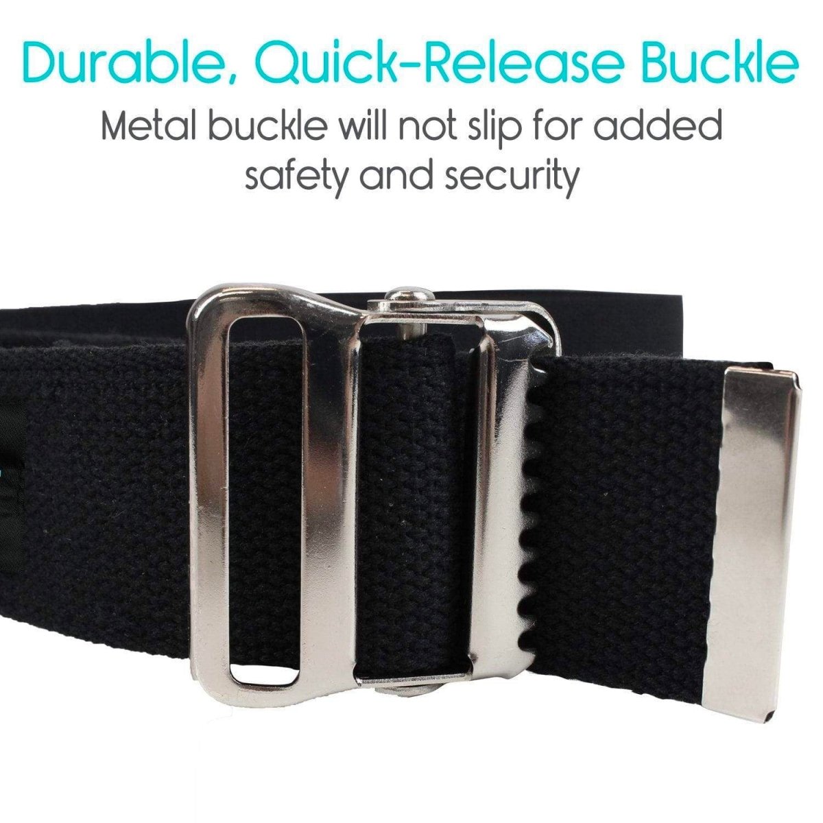 Close-up black gait belt with brushed-silver quick-release buckle and locking teeth