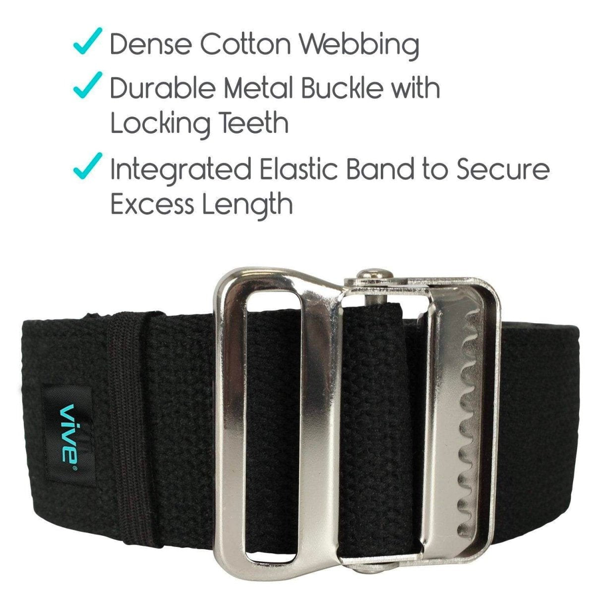 Black gait transfer belt with dense webbing and silver locking buckle