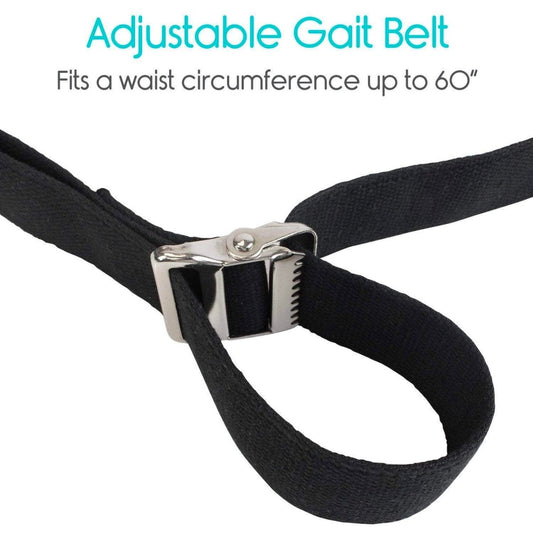 Black adjustable gait belt with silver buckle and locking teeth on the strap
