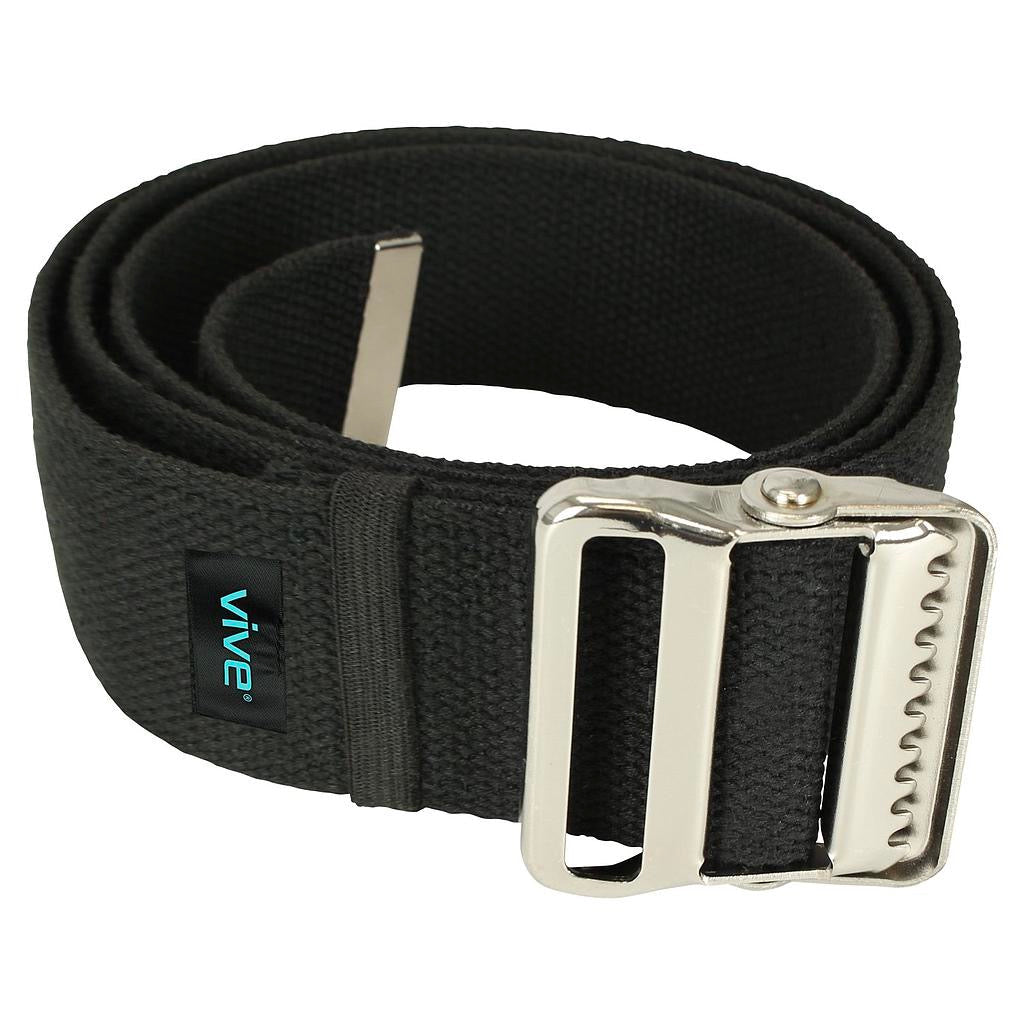 Black 60-inch gait transfer belt with silver metal buckle and securing strap
