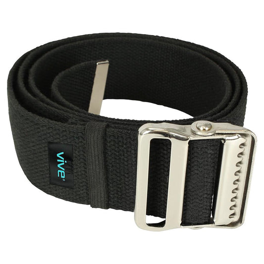 Black 60-inch gait transfer belt with silver metal buckle and securing strap