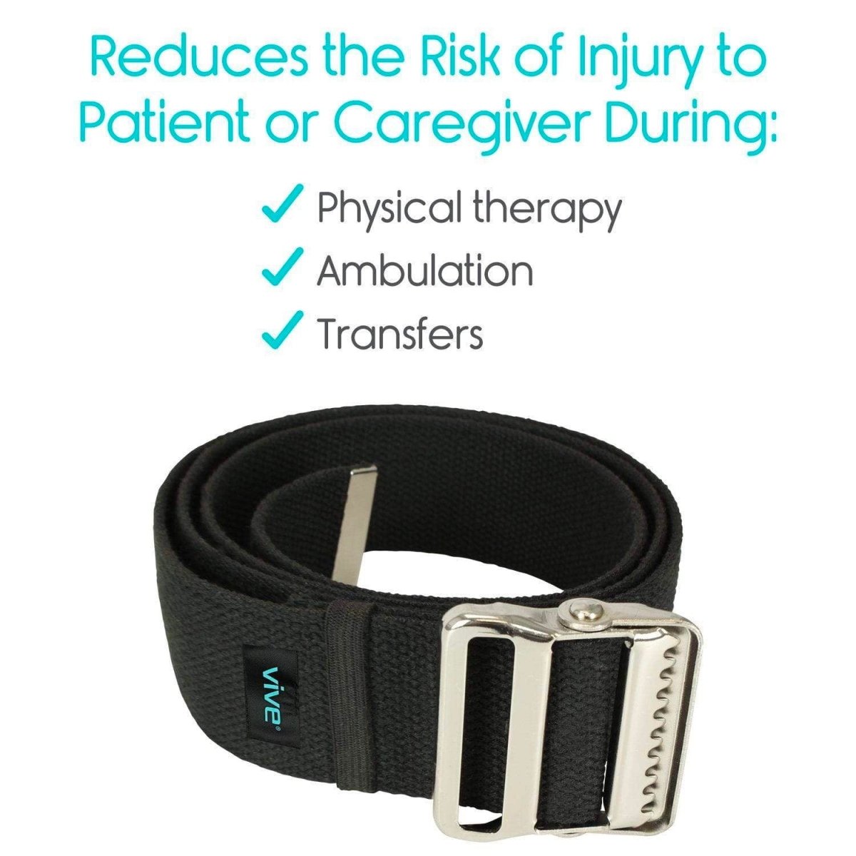 Black gait transfer belt looped with silver buckle centered on the strap