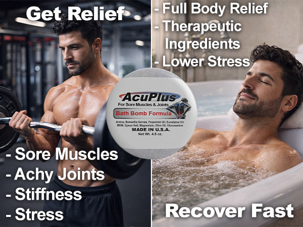 AcuPlus Ultimate Pain Relief Combo – 3 Bath Bombs + 3 oz. Roll-On + 4 oz. Jar