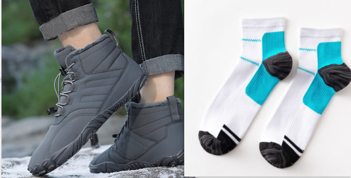 Gray winter slip-on boots with lace-up front and thick tread sole, worn with crew socks.