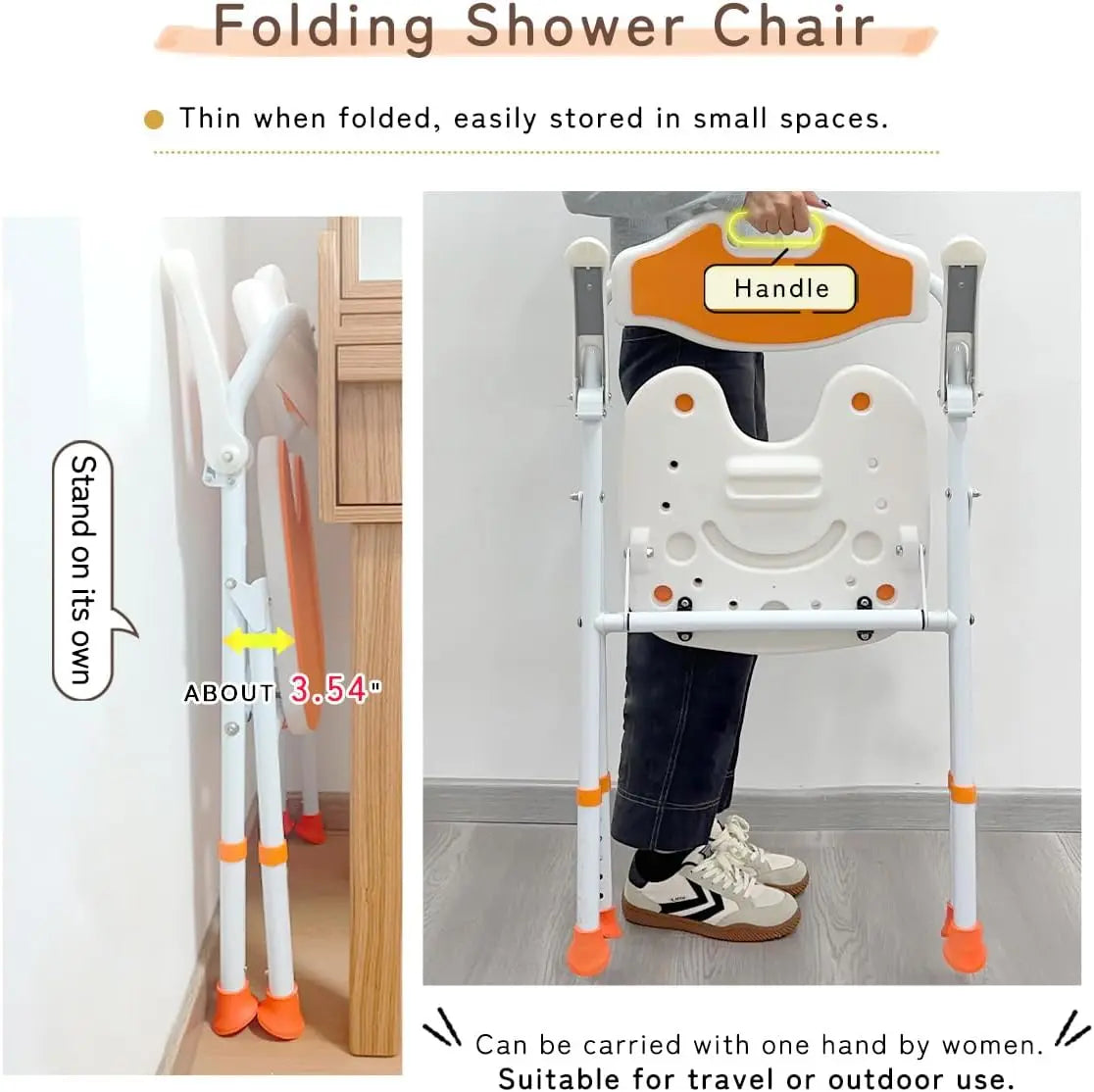 Folding shower chair with text indicating its thinness, portability, and suitability for small spaces.