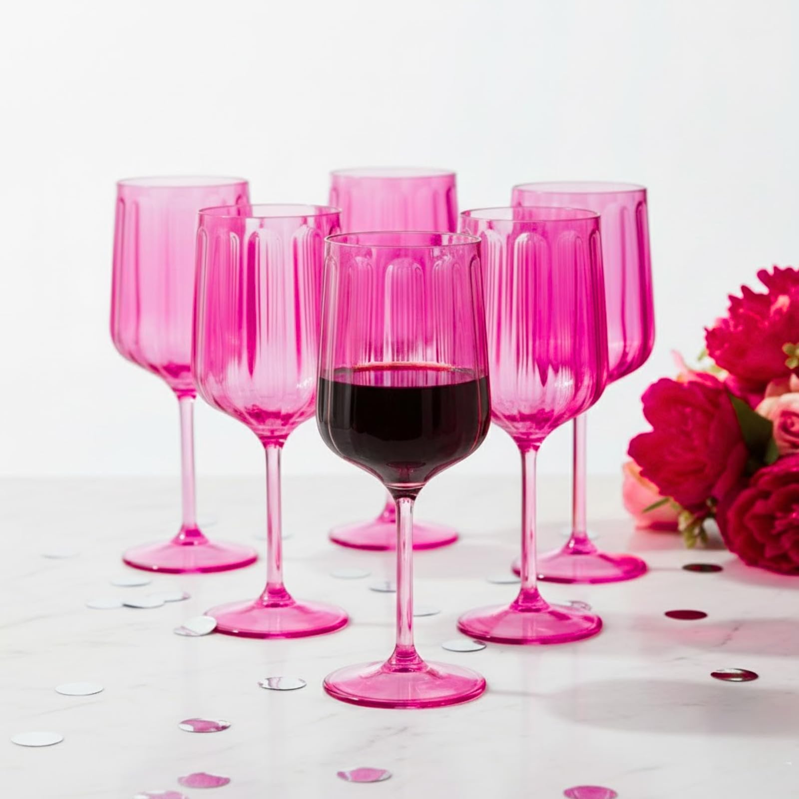 Stemmed acrylic goblets set of 6, coral-pink ribbed cups with long stems