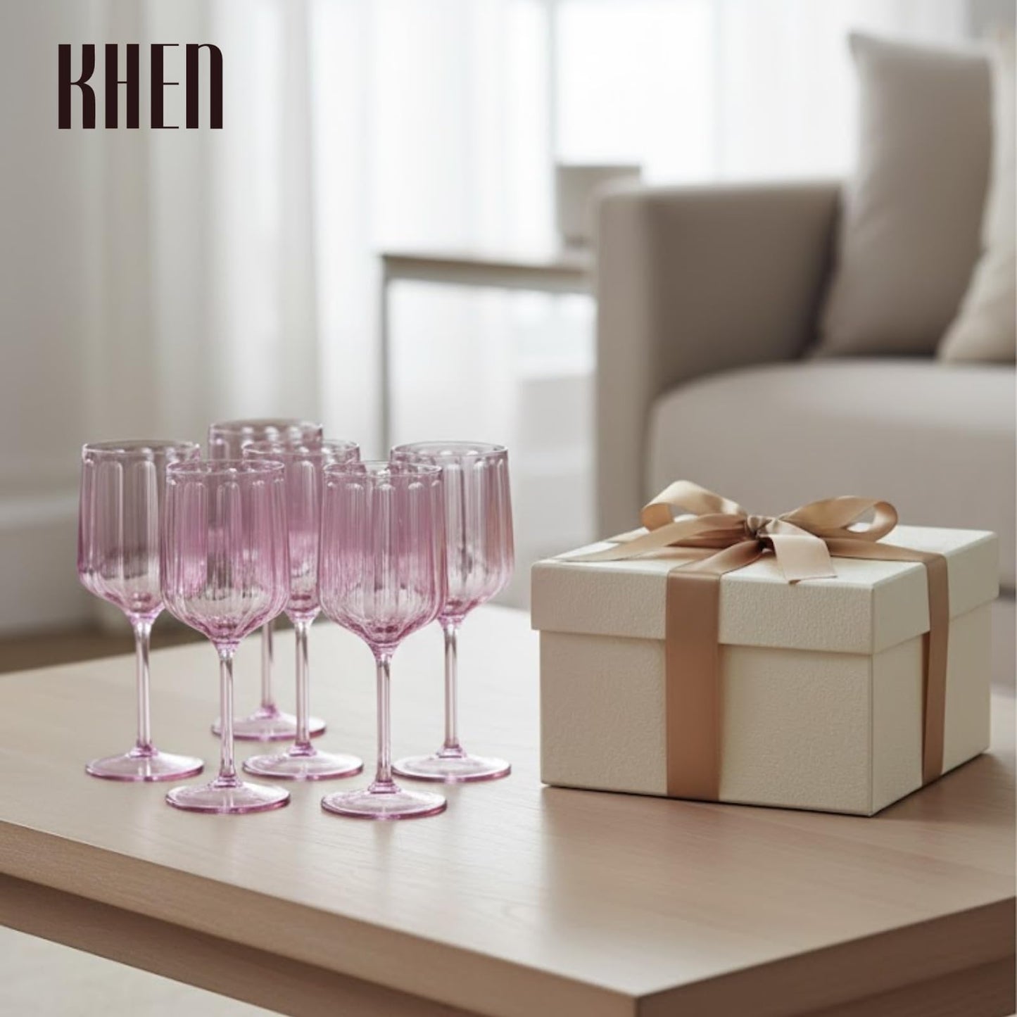 Set of six lilac stemmed acrylic goblets on a tabletop