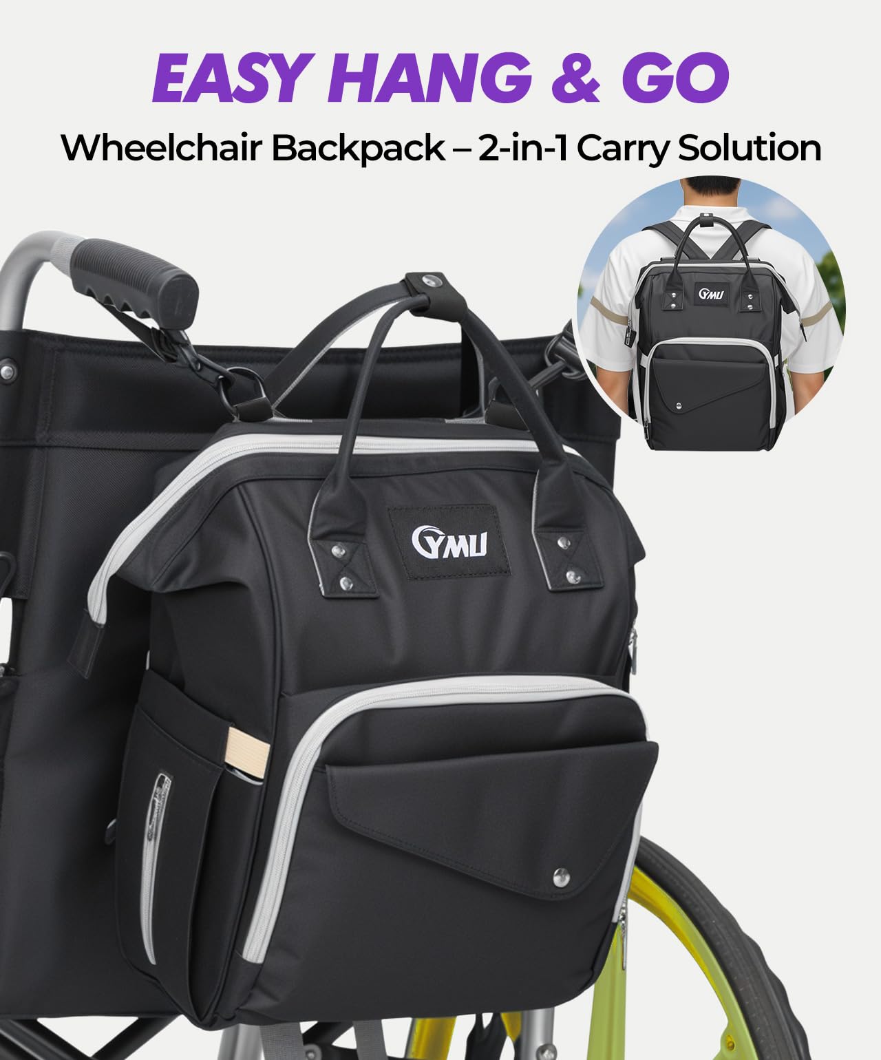 Black wheelchair backpack with shoulder straps and front flap pocket with insulated panel