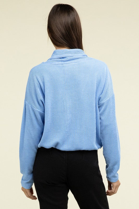 Textured pullover top, light blue, back view with hood and ribbed cuffs