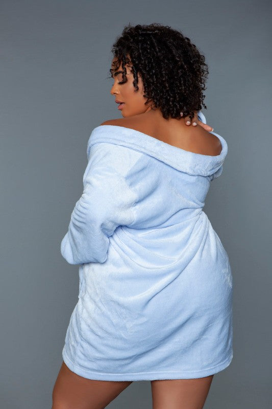 Light blue plush robe with hood, draped collar, and tie belt