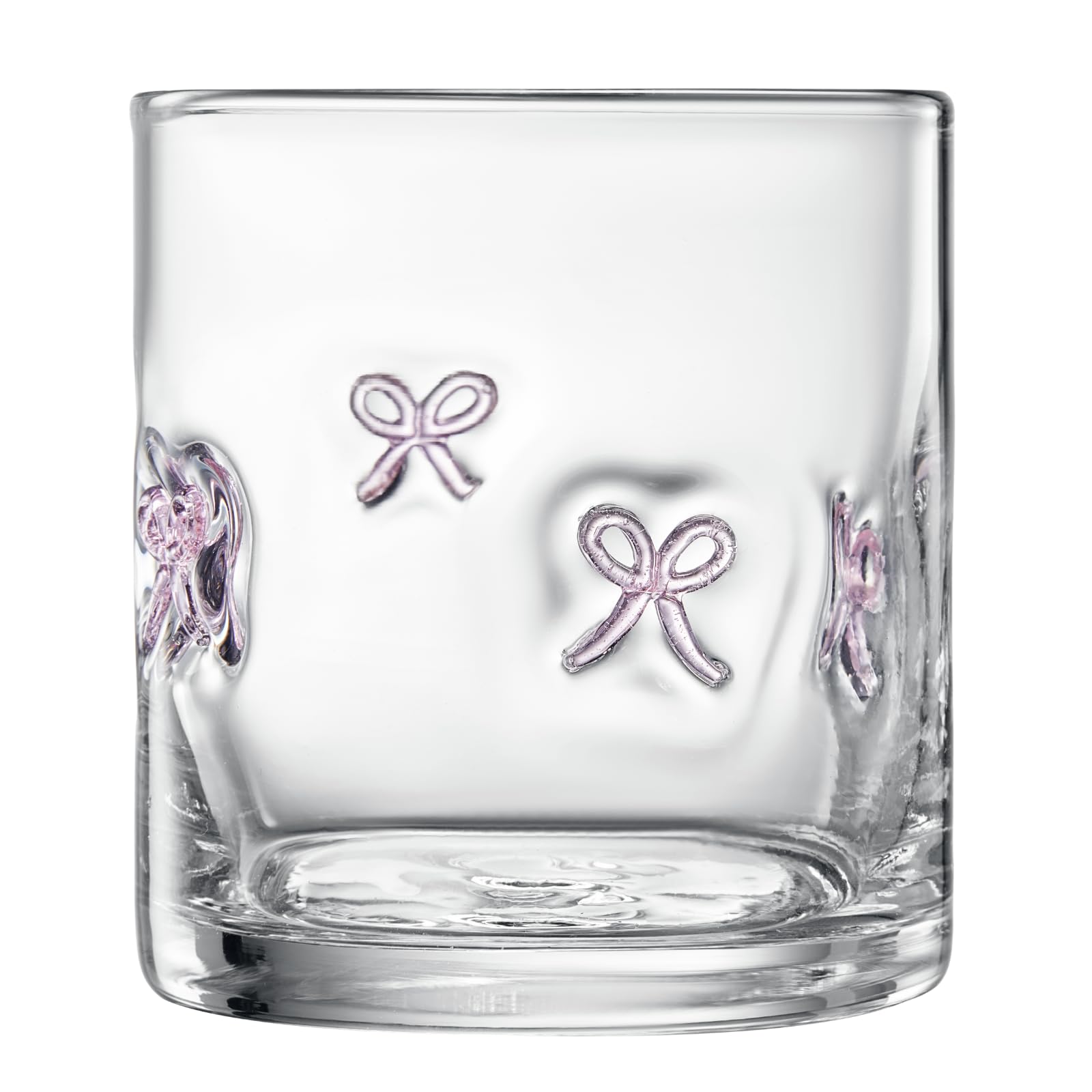 Clear acrylic tumbler with pink bowtie motif, front view
