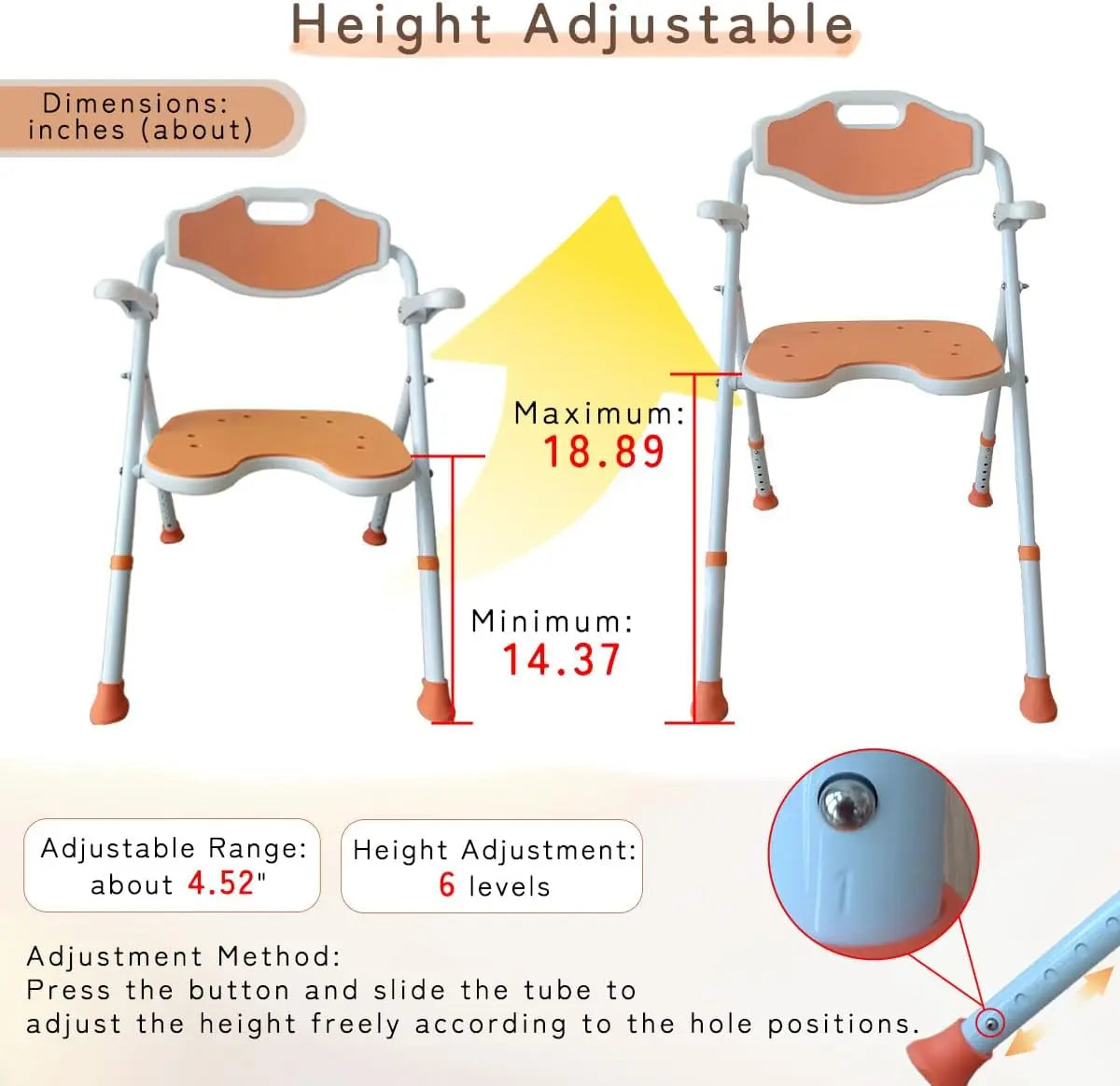 Height adjustable chair with measurement details on a white background