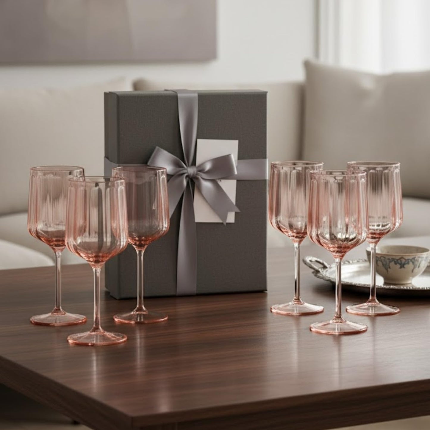 Set of 6 pink acrylic stemmed goblets with clear ribbed cups and round bases