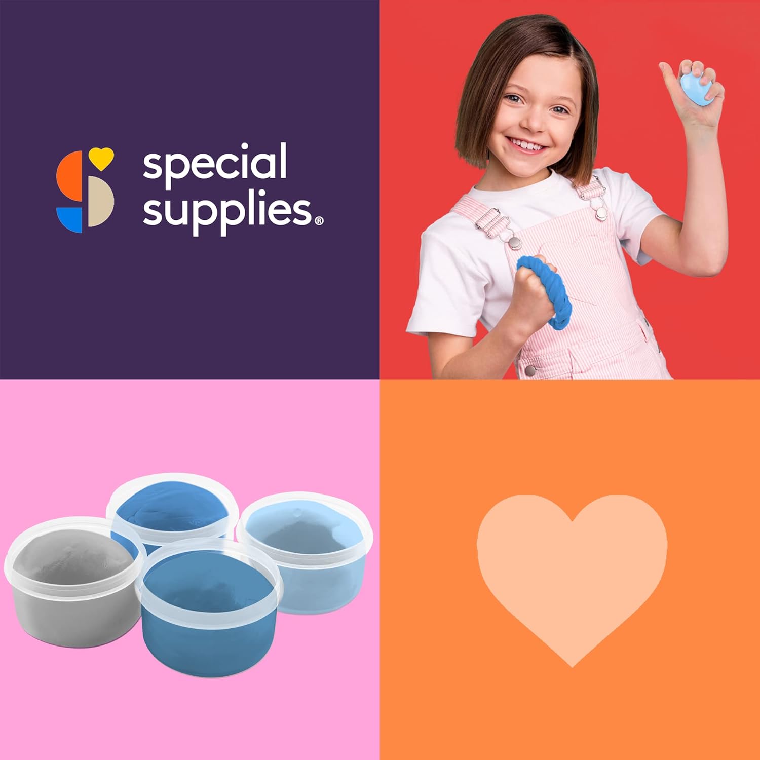 Blue therapy putty held by a child alongside four-pack tubs