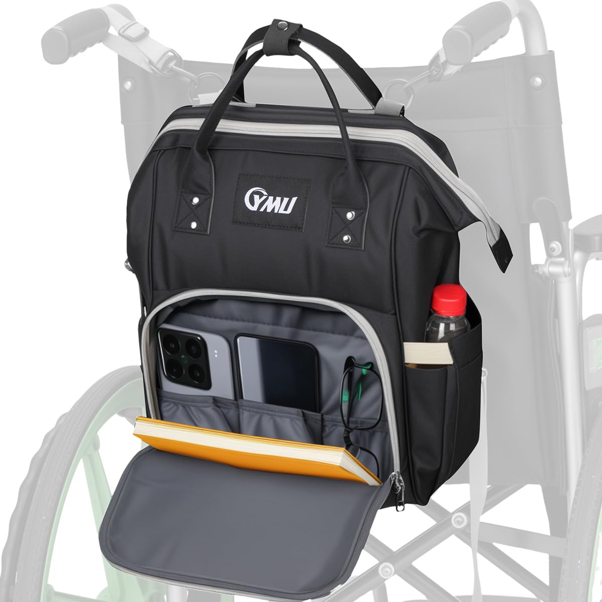 Black wheelchair backpack bag with front zipper pocket and open storage compartments