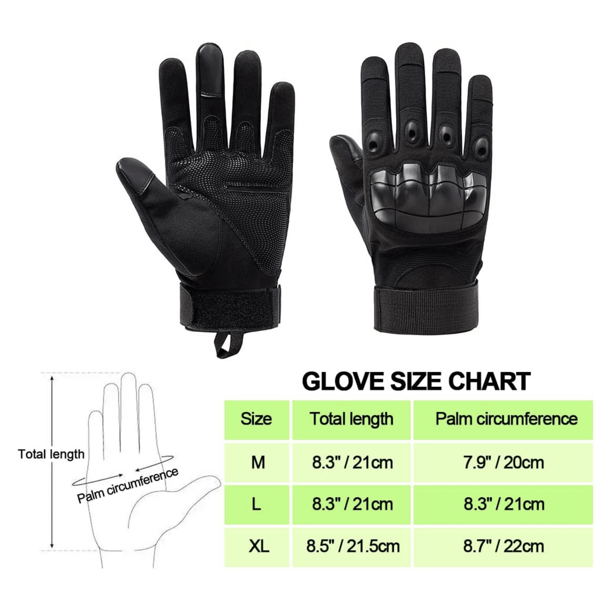 Black tactical gloves set with textured palms, padded knuckles, and hook-and-loop cuffs
