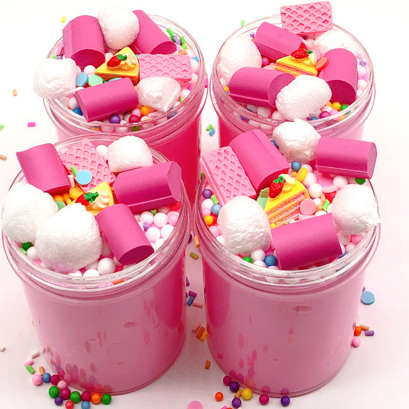 Pink slime cups with wafer sticks, marshmallow pieces, and colorful sprinkles
