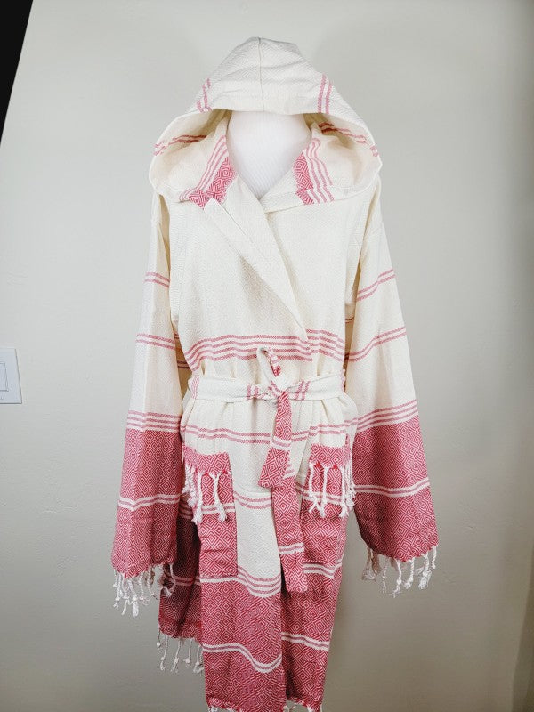 Unisex hooded robe in white with pink-red stripes and matching belt