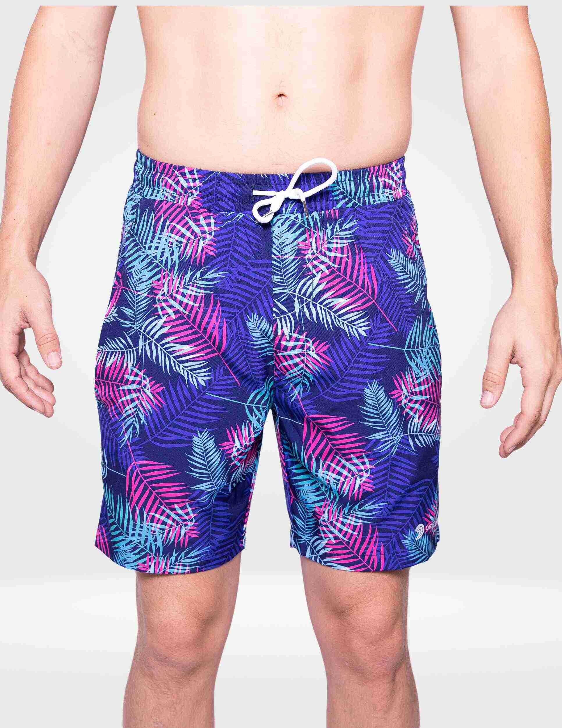 Men's swim shorts with blue leaf print, elastic waistband, and white drawstring tie
