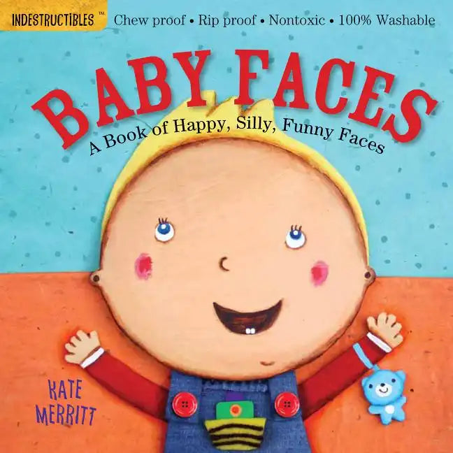 Baby Faces board book with smiling baby face illustration on blue cover
