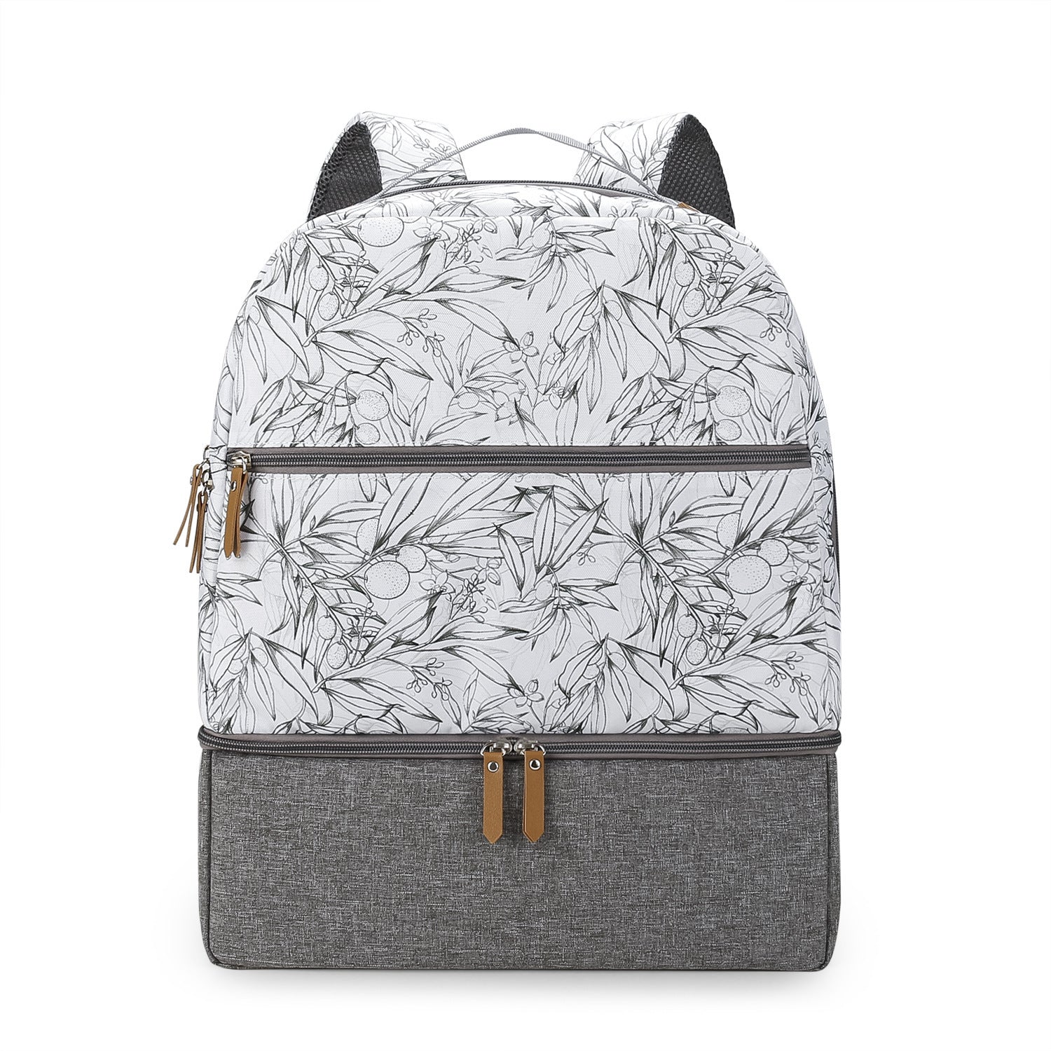 Gray and white insulated travel mummy bag with botanical print and front zipper pocket
