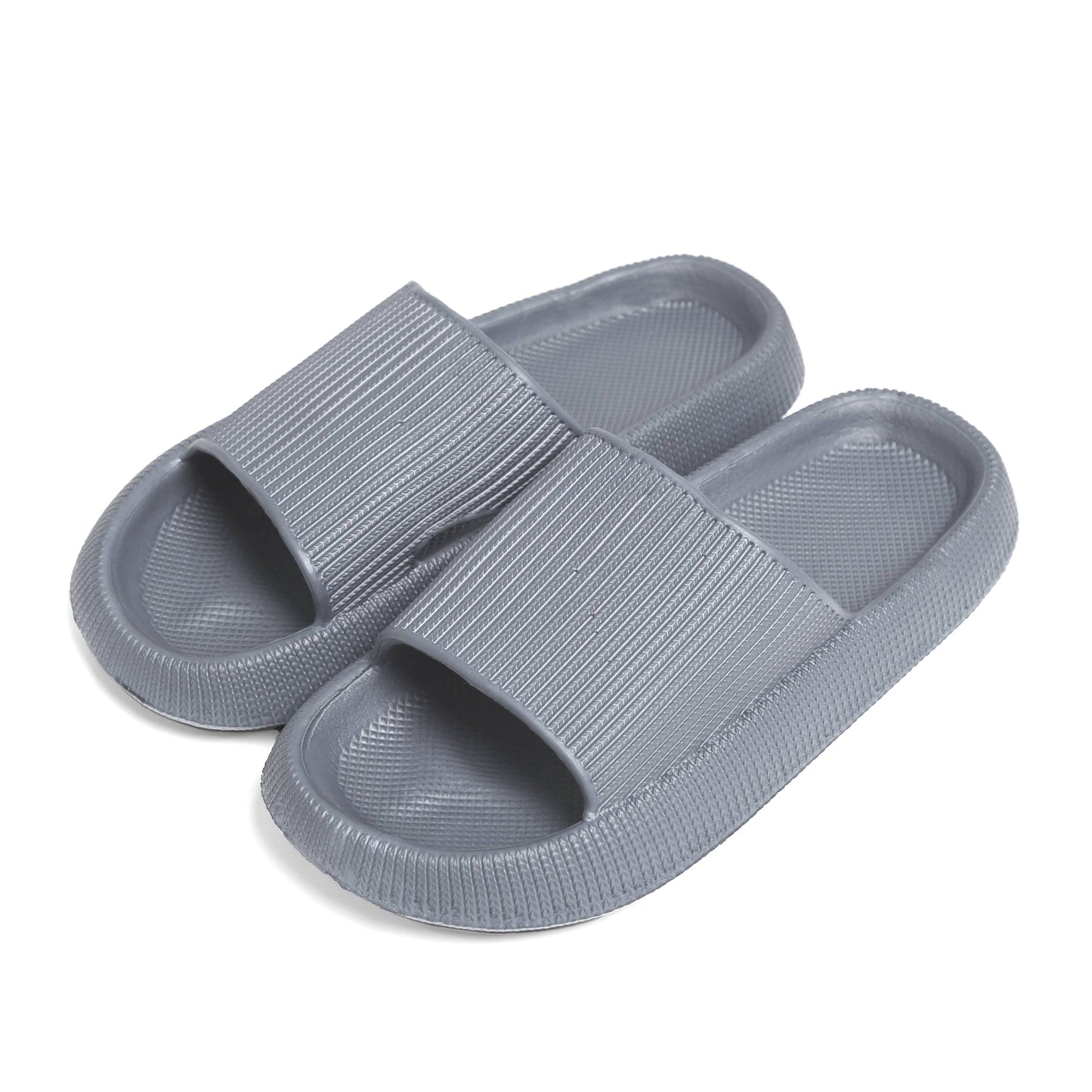 Gray slide sandals with wide ribbed strap and cushioned open-toe footbed