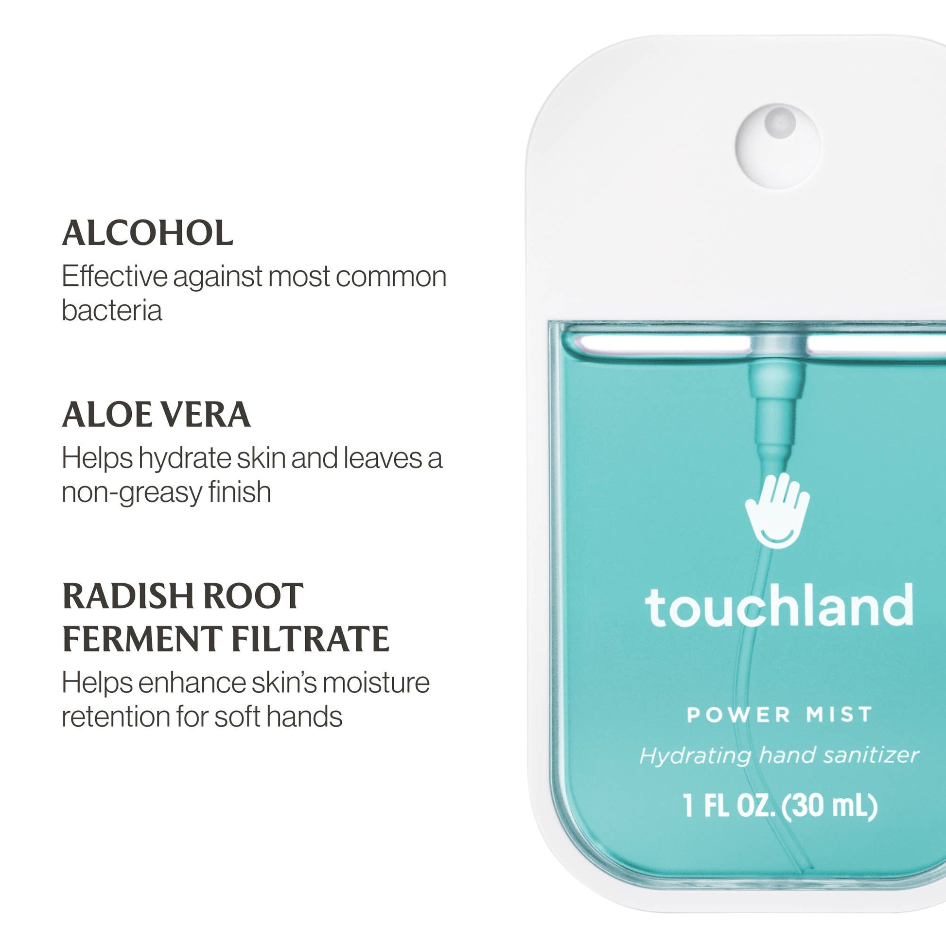 Touchland Power Mist hydrating hand sanitizer pouch with ingredient text and 1 fl oz (30 mL)