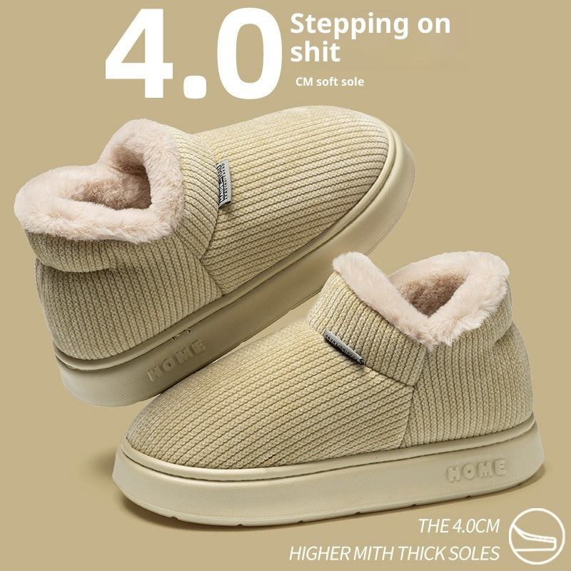 Ankle wrap cotton slippers in khaki with plush collar and cream lining, rounded thick sole