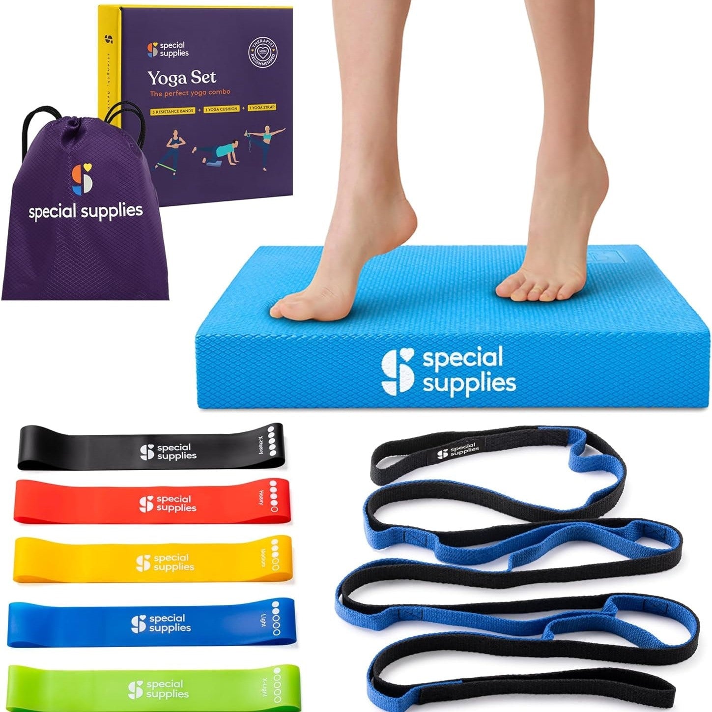 Blue balance pad with yoga strap and resistance bands set, shown with bare feet on pad