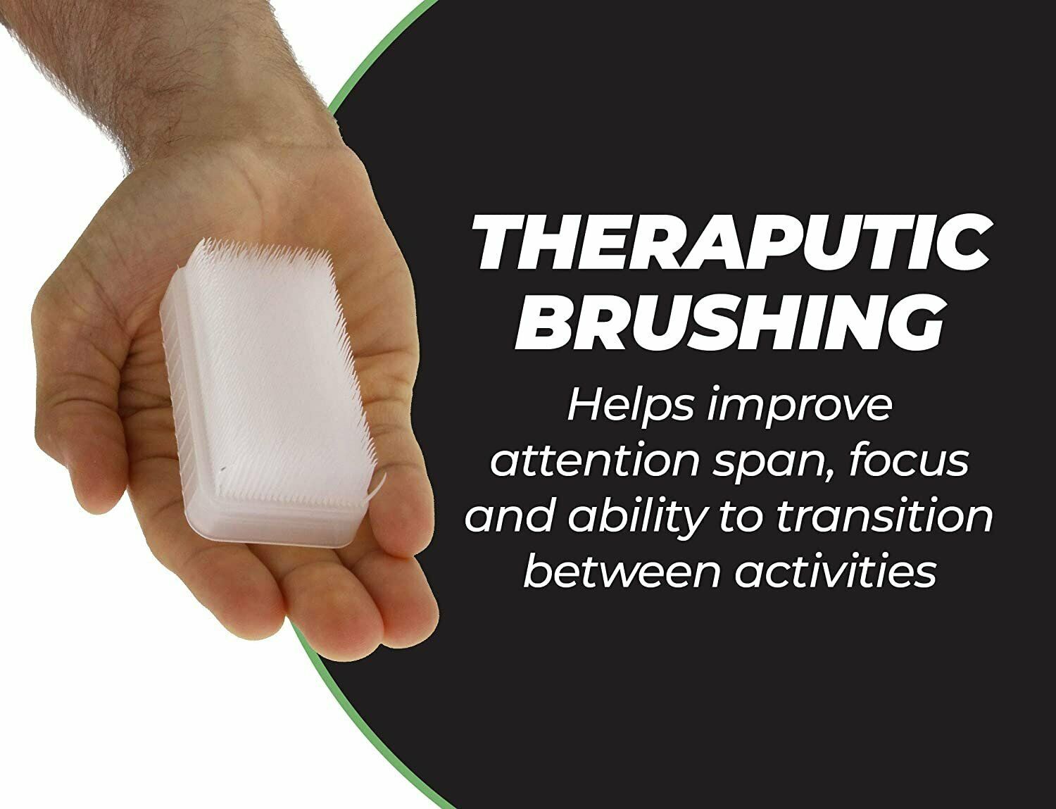 White therapy brush held in a hand, bristle pad facing outward