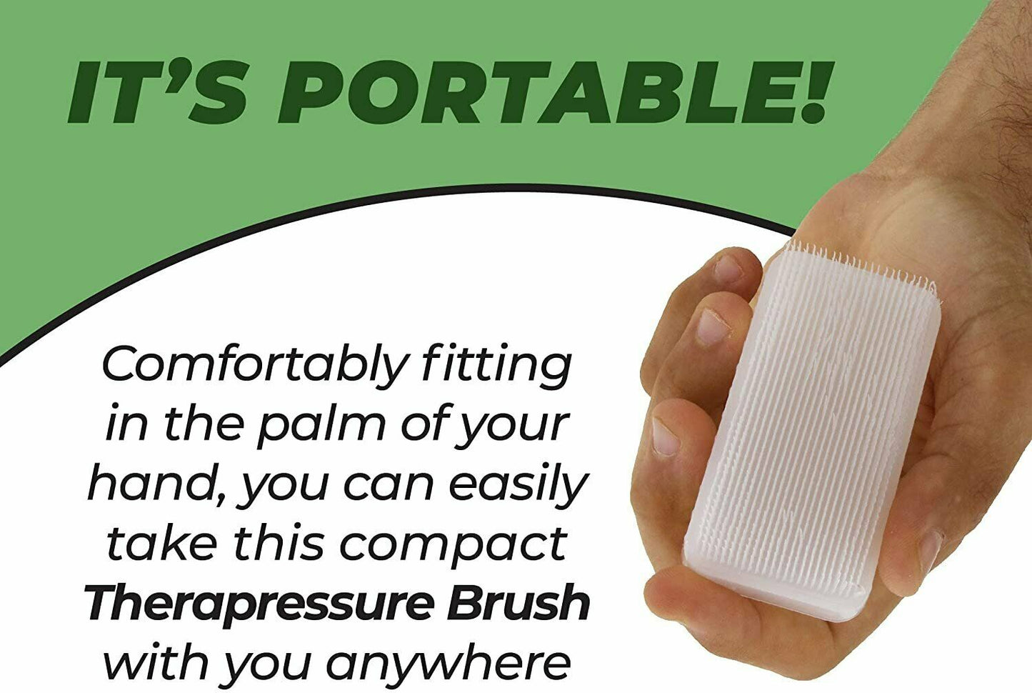 Portable therapressure therapy brush in a hand, white bristles on a compact block