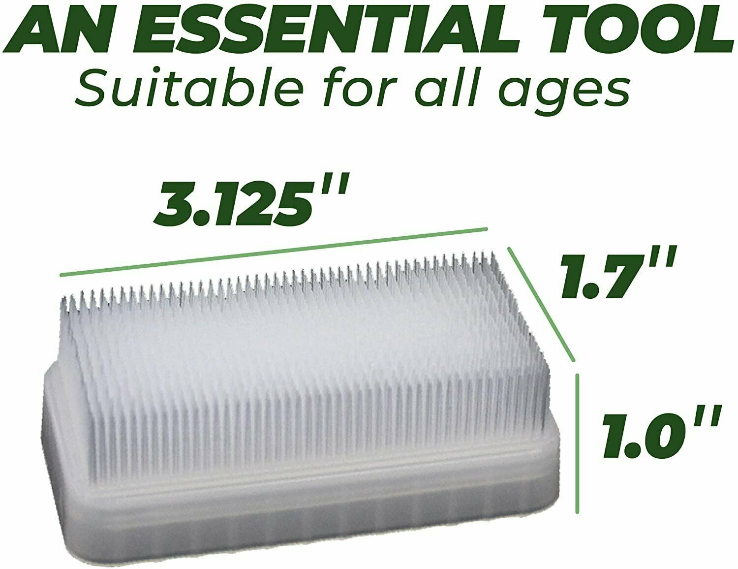 Therapressure brush showing overall size with white bristles on clear plastic