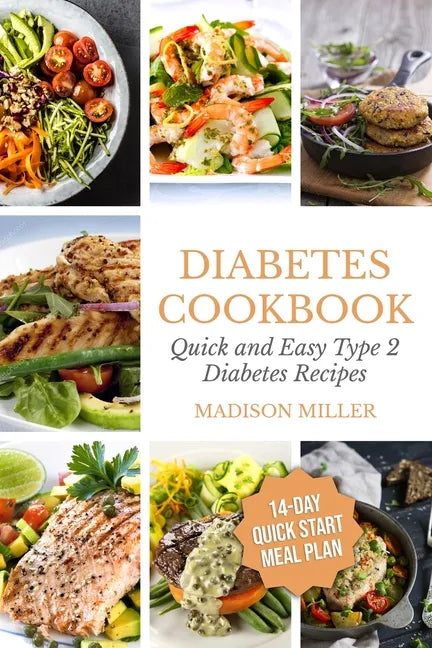 Diabetes Cookbook paperback cover with title, author Madison Miller, and 14-Day meal plan badge