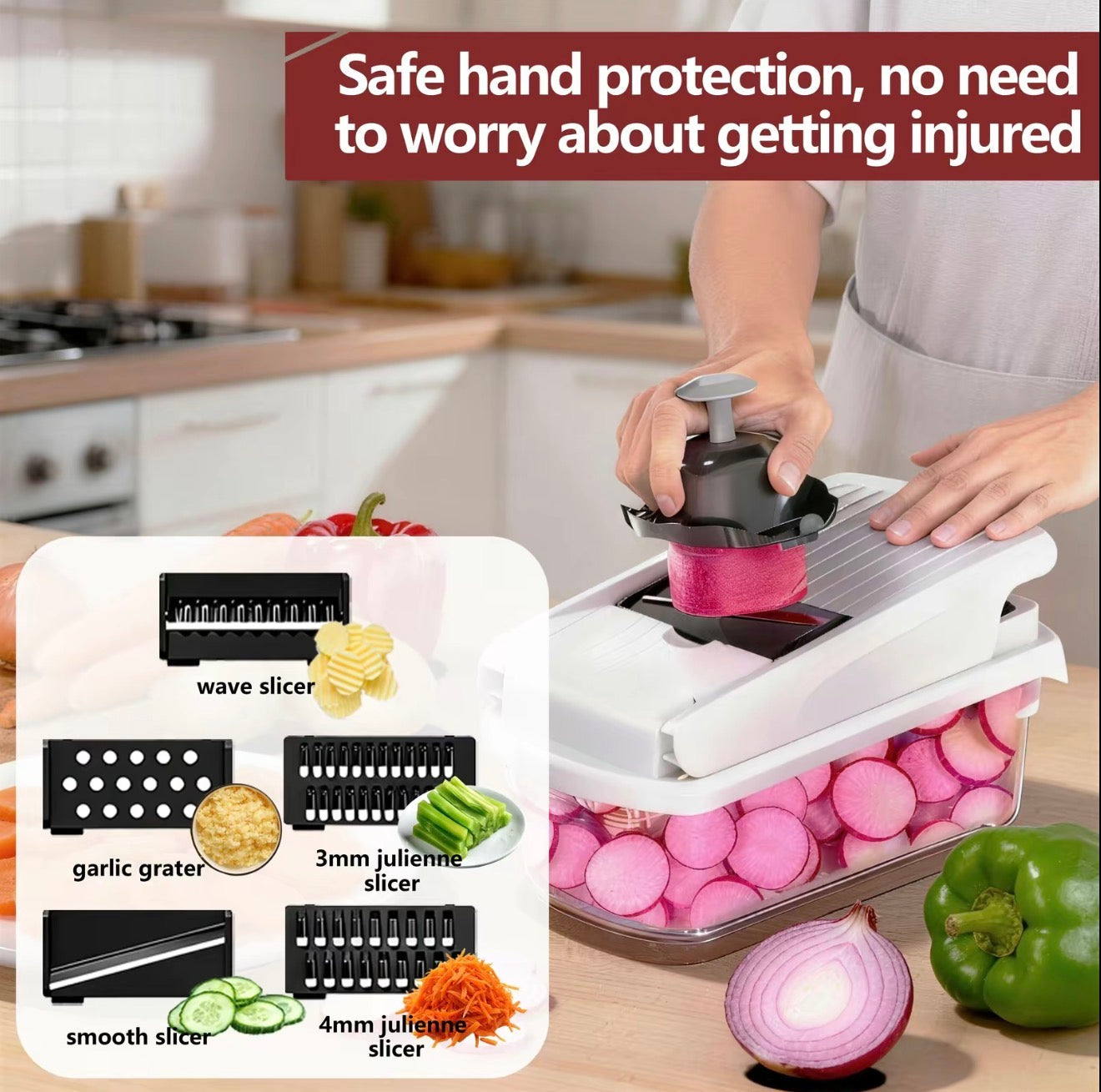 Multi-blade vegetable chopper with safety guard and hand protecting the top slicing area