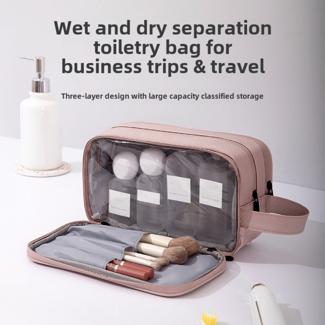 Three-layer travel wet and dry toiletries bag with zipper compartments, pink exterior