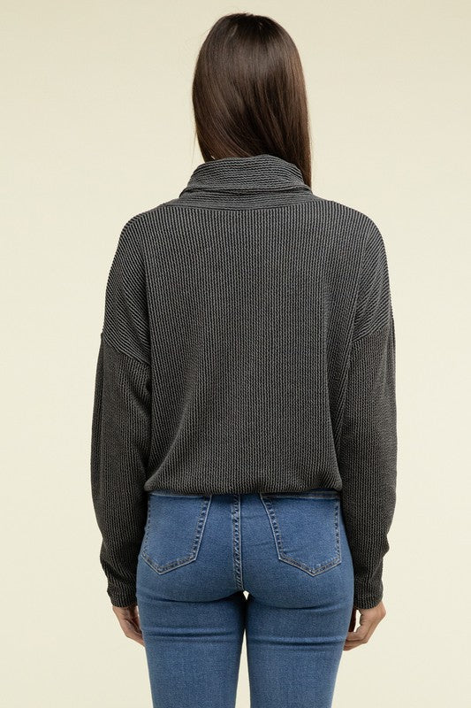 Black textured knit pullover top with shawl collar, button front; back view