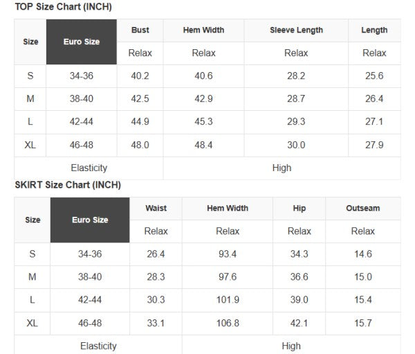 Top and mini skirt size chart for Euro sizes with bust, sleeve, waist, and hem measures