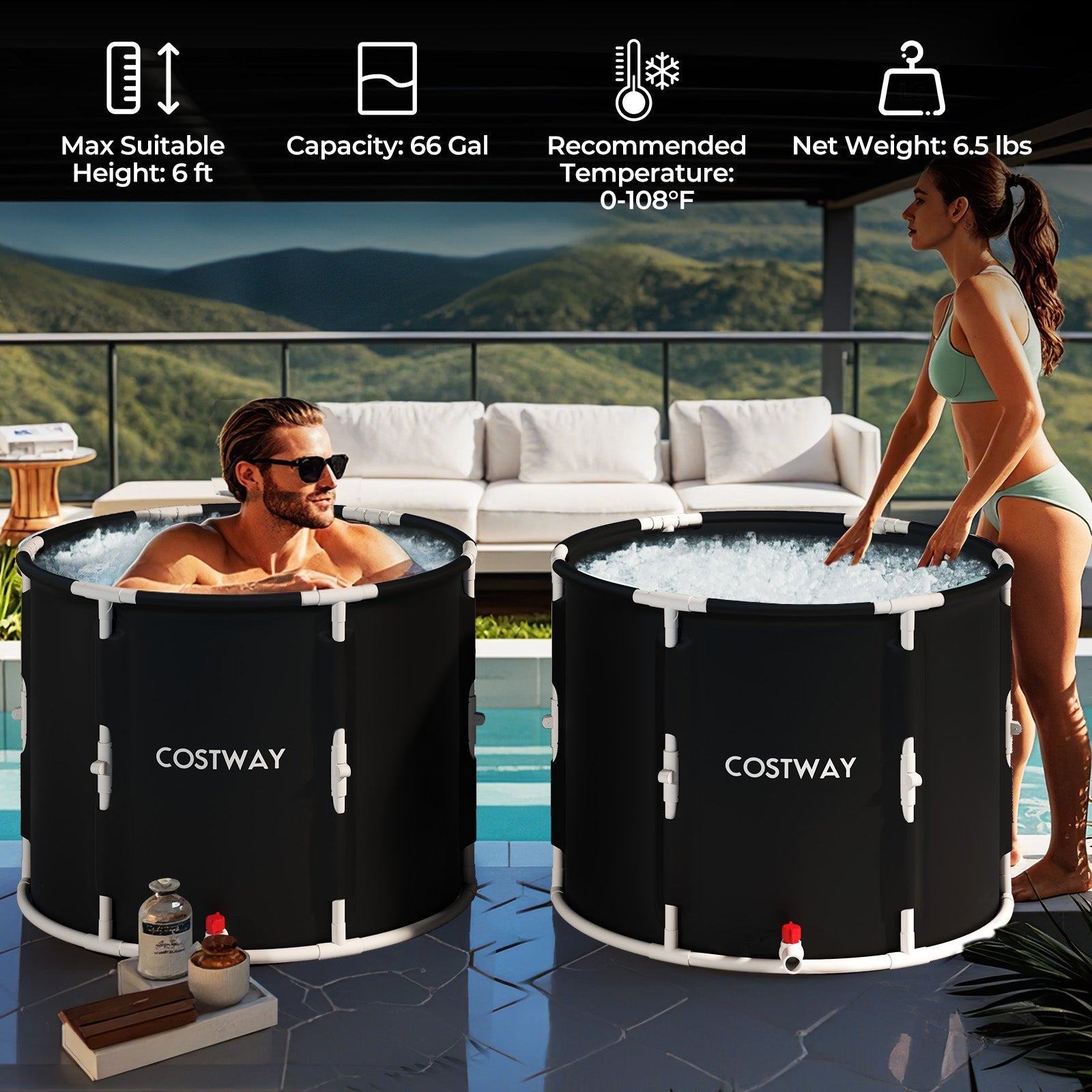 66 Gal Foldable Ice Bath Tub with Lid for Adult LJGDeals
