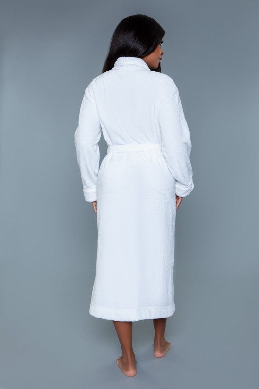 White plush robe back view with belt tie and long sleeves