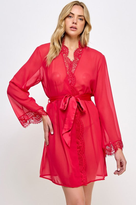 Red sheer robe with lace V-neck, long sleeves, tie belt, short hem