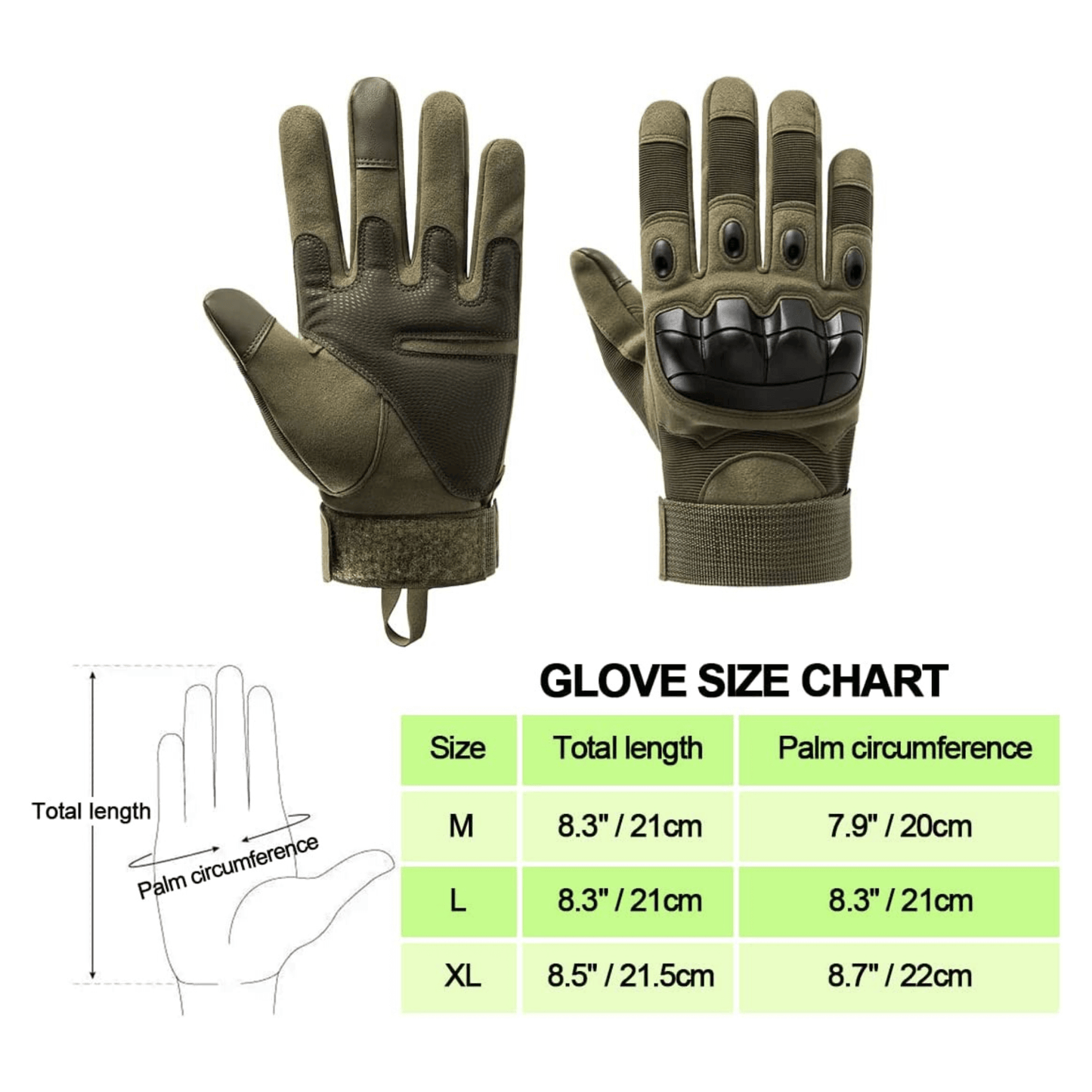 Dark green tactical gloves with knuckle protection and padded fingertips